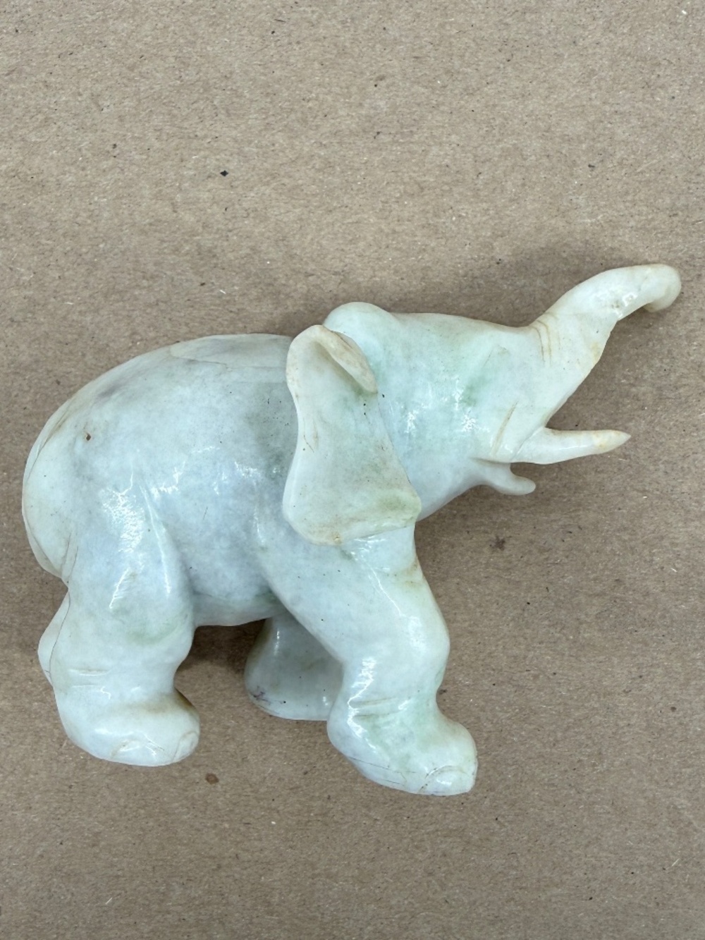 VTG Hand Carved White Jade Elephant Figurine Trunk Up Stone Good Luck Statue 3"